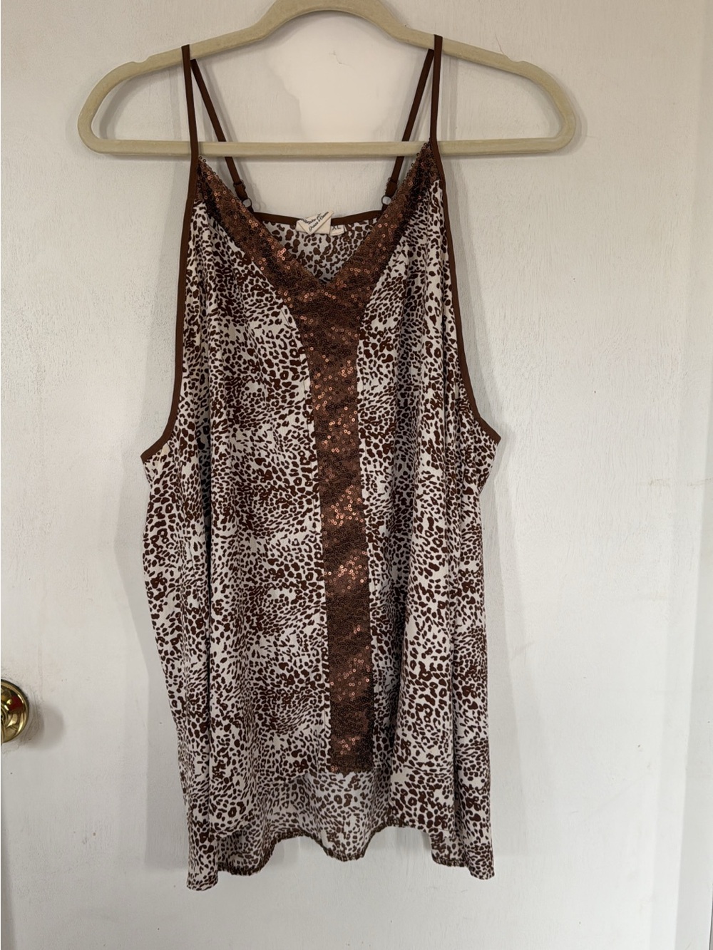 Leopard Print Sequin-Trim Cami Tank Top in Brown